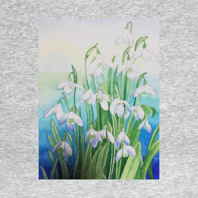 Snowdrops watercolour painting with a blue background. by esvb